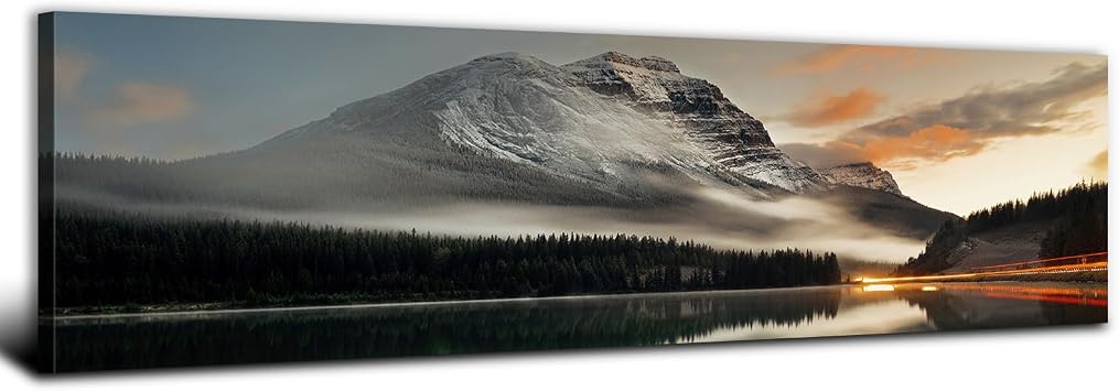 Sunset Mountain Landscape Canvas Wall Art for Living Room Wall Decor 14x48" Black and White Nature Forest River Scenery Picture Prints Paintings Artwork for Bedroom Bathroom Office Home Decoration