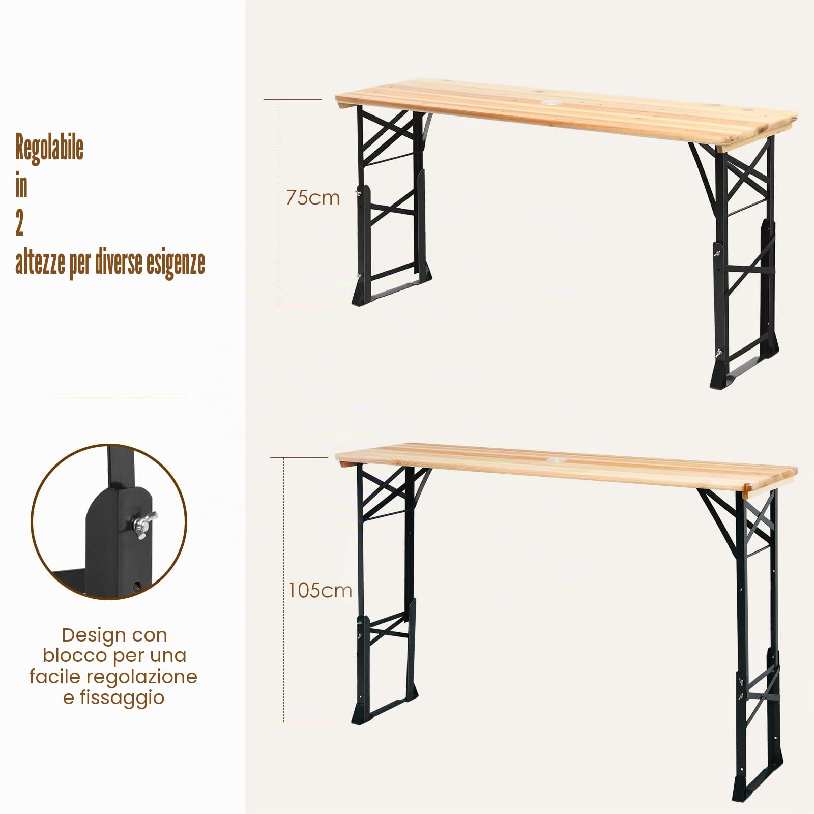 KOMFOTTEU Tavolo da birra da esterno, regolabile in altezza da 75 cm a 105 cm, tavolo da bar da giardino pieghevole, tavolo da picnic con foro per ombrellone, 168,5 x 50 cm (lunghezza x larghezza),