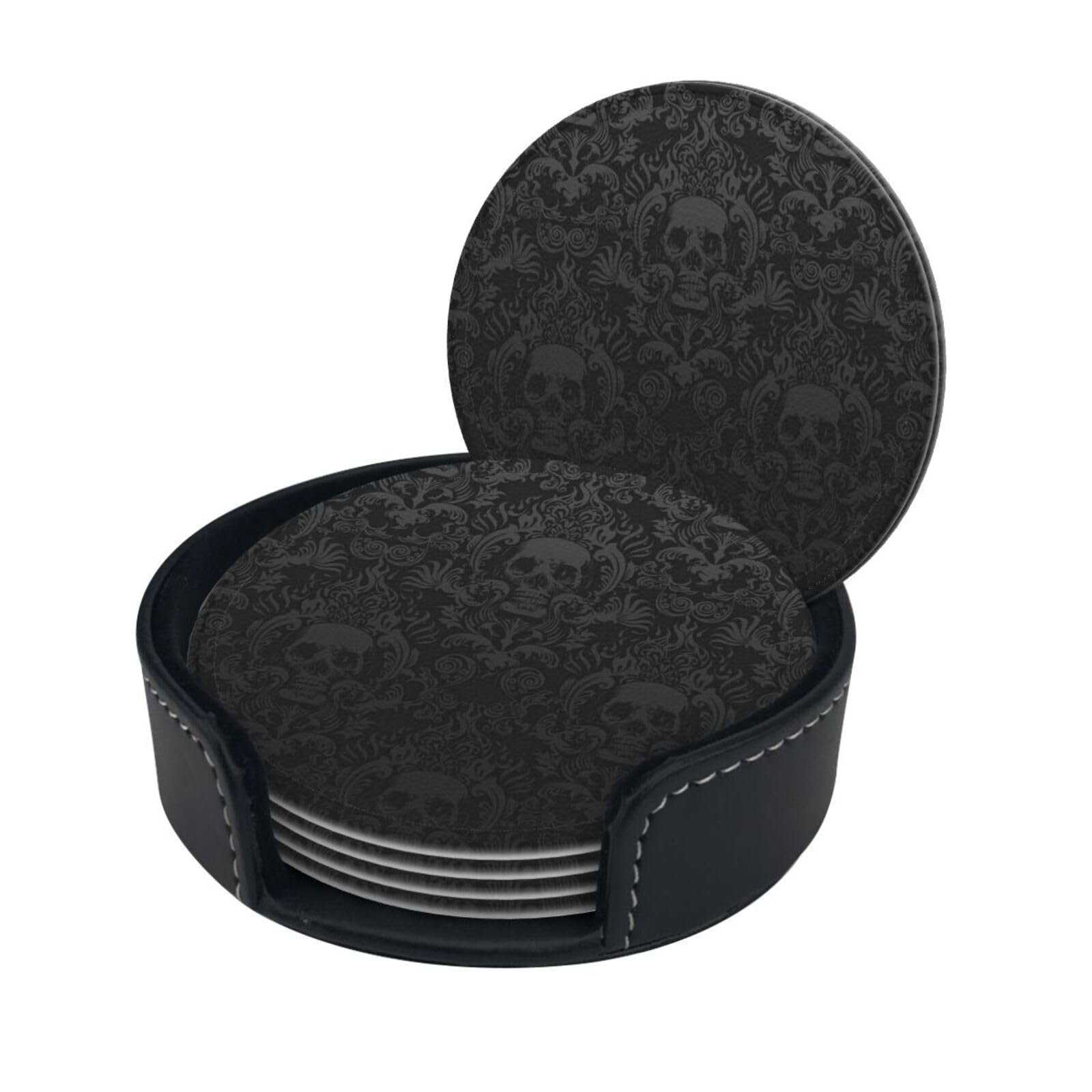 gothic wallpaper skull Drink Coasters Set of 6 with Holder Decorative Round Cup Coasters for Coffee Table Kitchen Office Bar