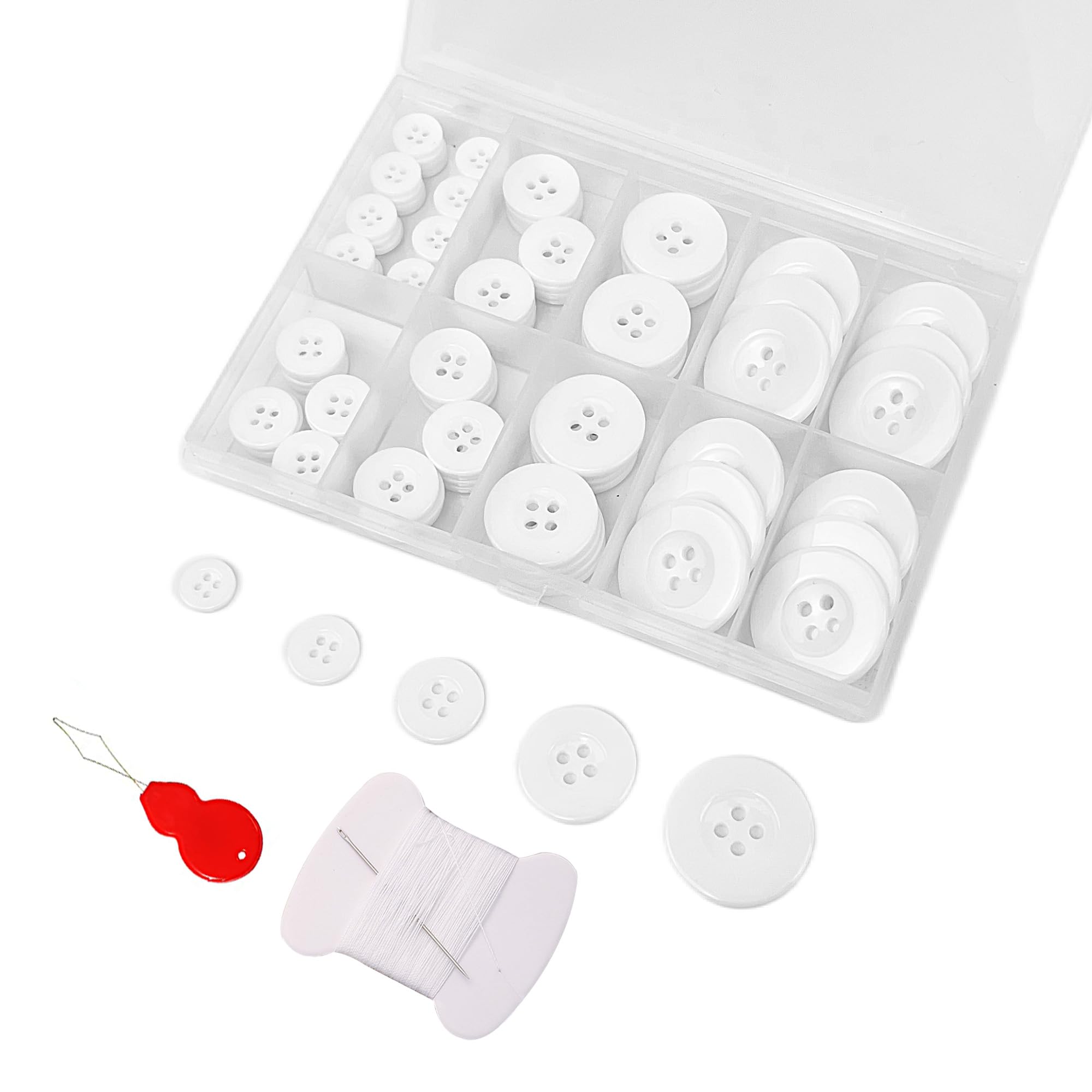 100 botones de costura blancos de borde ancho, botones de manualidades de 4 agujeros, 5 tamaños, con caja de almacenamiento de compartimentos, adecuados para costura, botones de camisa de traje,