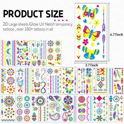 Cokohappy 20 Sheets Glow Under Uv Blacklight Neon Temporary Tattoo, 160+ Styles Neon Accessories For Glow Party, Blacklight, Bachelorette, Waterproof Luminous Fake Tattoo For Women Neno Party Rave Supplies #TOP5