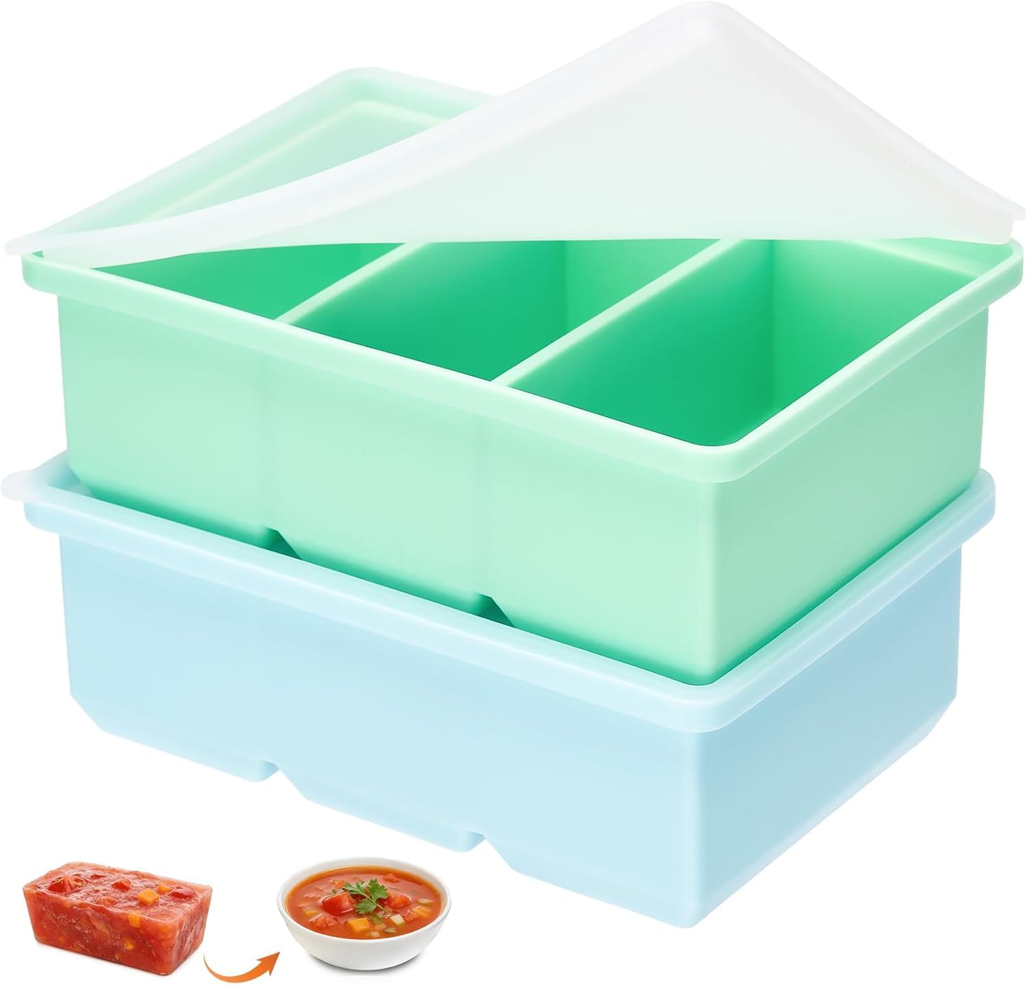 Lot de 2 récipients à soupe en silicone avec couvercle, sans BPA, pour la soupe, le congélateur, les glaçons, les sauces, les glaces (bleu + vert)