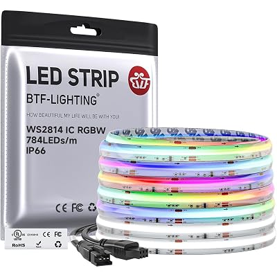 BTF-LIGHTING FCOB COB LED Strip Light IP66, WS2814 Smart IC RGBW 6000K Color Chasing Light, UL Listed DC24V 24FT 784LEDs/m High Density 10mm Width for Home Party DIY Decor(No Adapter or Controller)