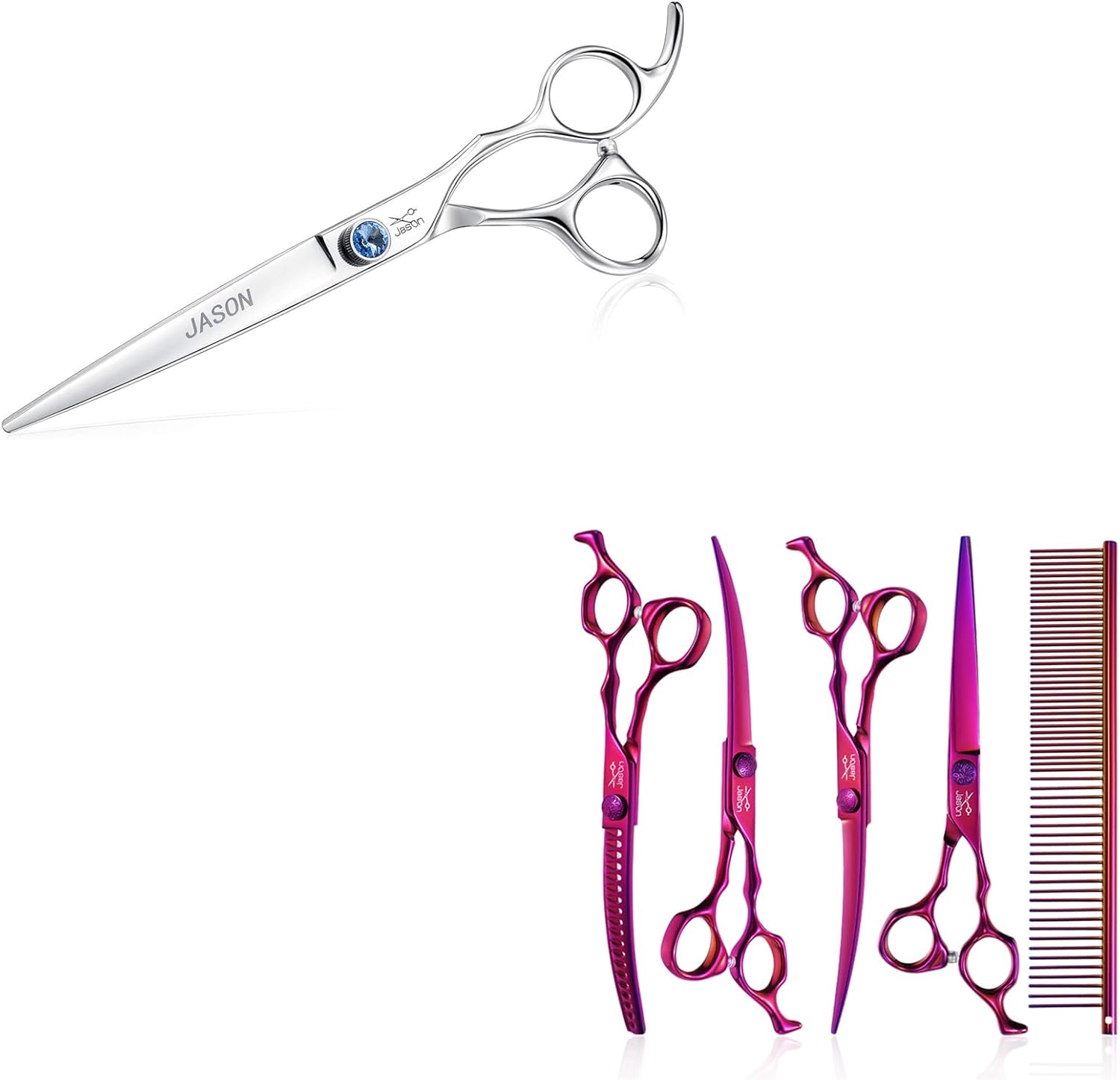 JASON 7" Straight Dog Grooming Scissors, Ergonomic Pets Grooming Shears & JASON Dog Grooming Scissors Set - Professional 6 in 1 Dog Shears Set