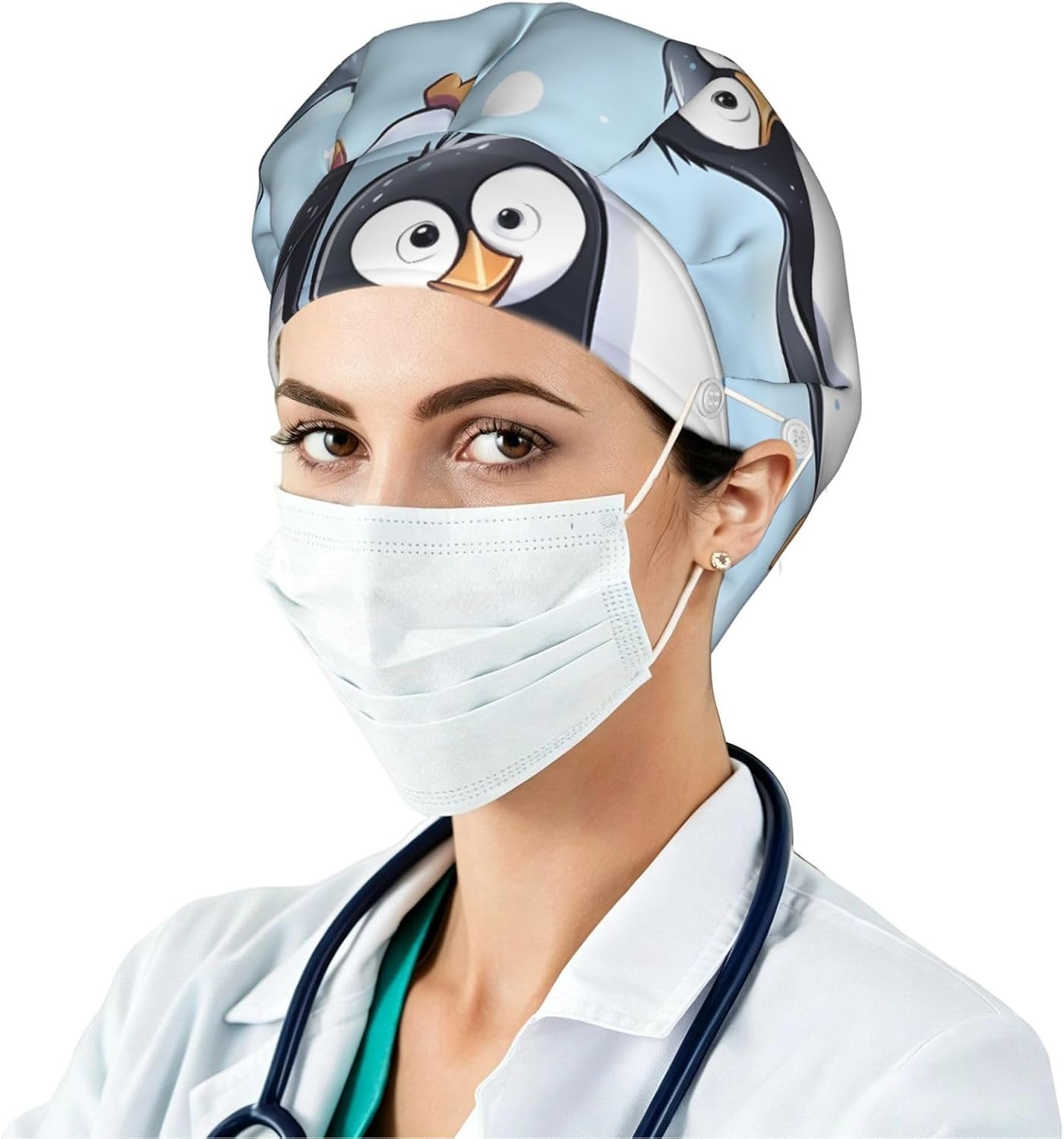 Cute Penguins Bouffant Cap with Buttons, Sweatband Cap Black