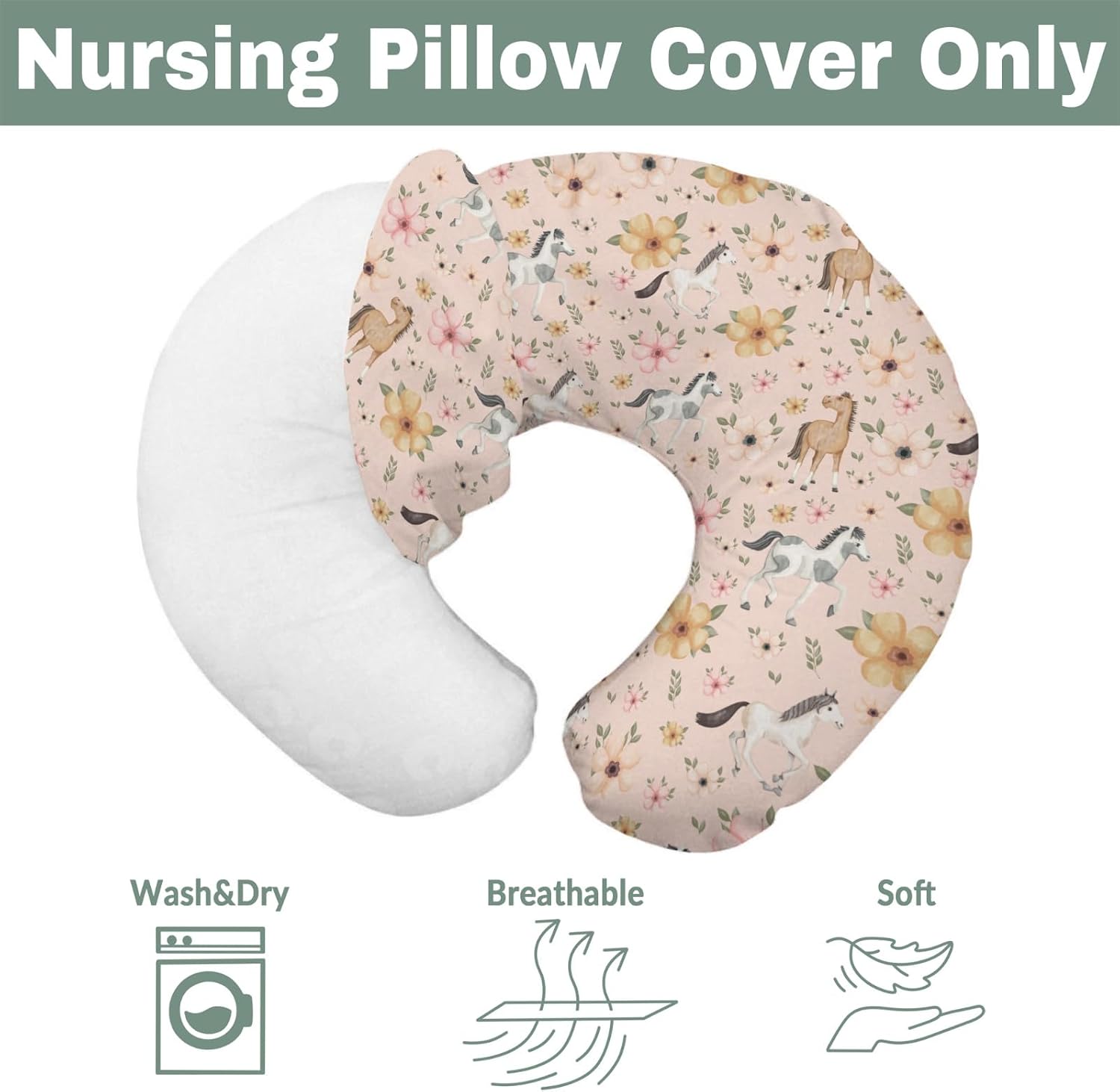 Watercolor Horse Floral Baby Nursing Pillow Covers for Boy Girl Running Horses Boho Flowers Nursery Feeding Pillowcase for Breastfeeding Wild Animals Soft Stretchy Removable Covers for Newborn Infant
