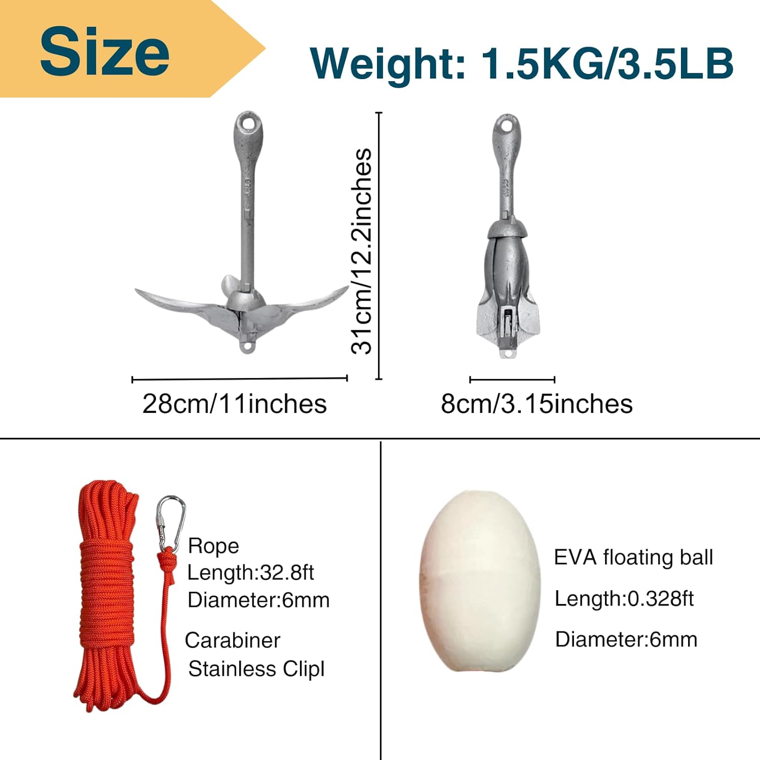 Kayak Anchor Kit 1.5/3.5lb Folding Small Boat Anchor for Paddle Board Canoe Jet Ski PWC Anchor with 32.8 ft Anchor Rope Storage Bag