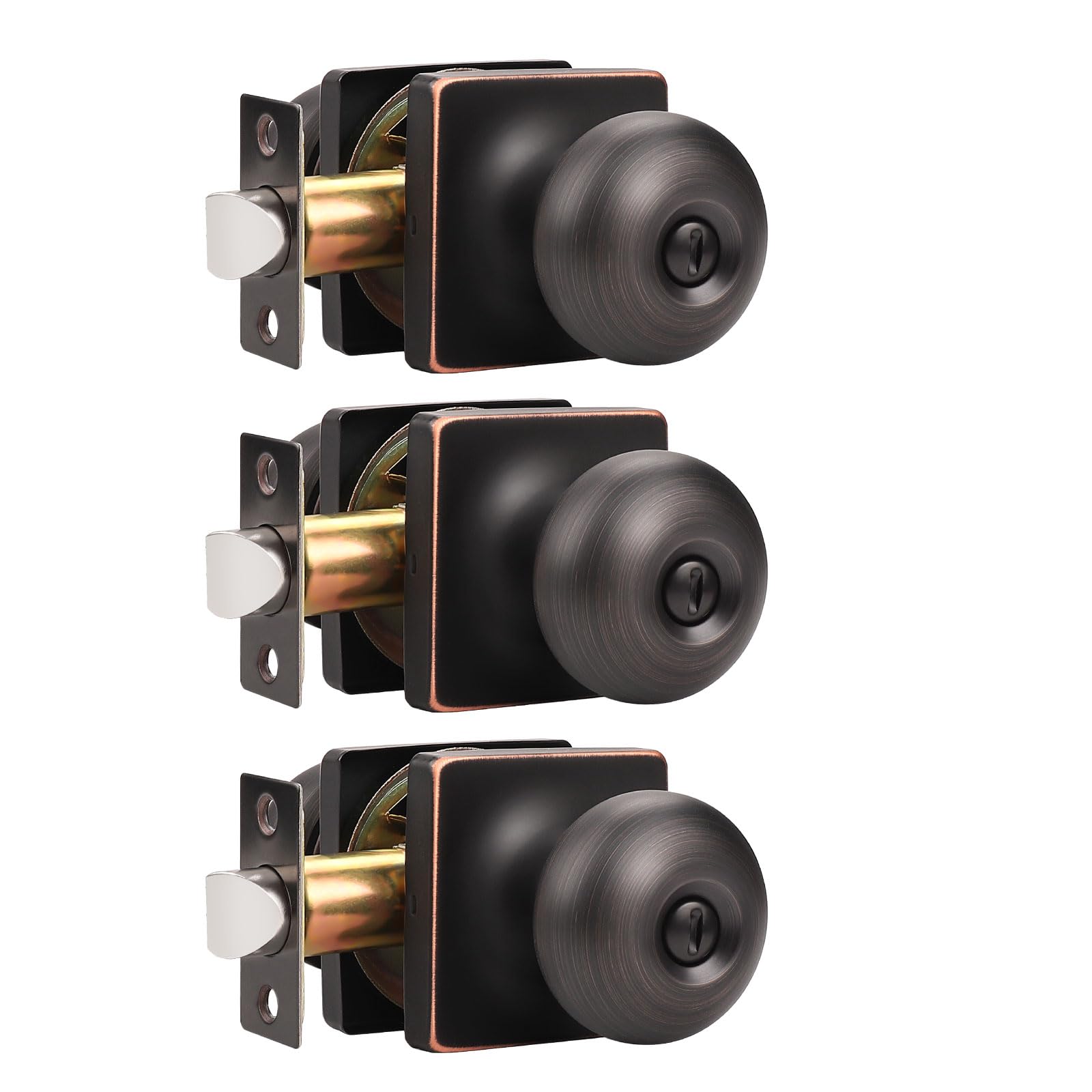 GOBEKOR Pack de 3 pomos de puerta de privacidad para interior de bronce aceitado sin llave, cuadrados, modernos pomos de puerta de acero inoxidable para dormitorio y baño