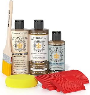 Retique It Wood Finish Multi-Purpose Kit - GO Beyond Faux Wood with Paintable Liquid Wood Based Primer and Gel Stain - Graining Tools Included (2X 8 Oz, Dark Pecan)