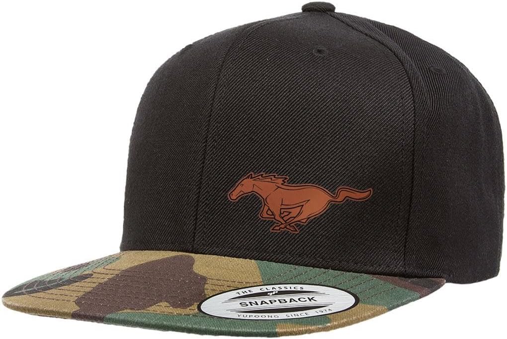 Ford Mustang Running Horse Side Logo Laser Engraved Leather Patch Yupoong 6089 Flat Bill Snapback Hat Cap
