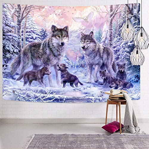 Kyku Snow Wolf Tapestry Pink Family Wolves Tapestry Wall Hanging Wild Animal Tapestries For Bedroom Living Room Dorm Decor (W59.1 × H51.2, Pink) #TOP3
