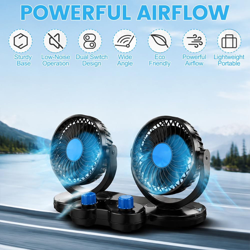 Ventilatore per auto, 12 V, doppia testa, portatile, rotazione a 360 gradi, silenzioso, a 2 velocità, per SUV, camper, barca, camper, ATV