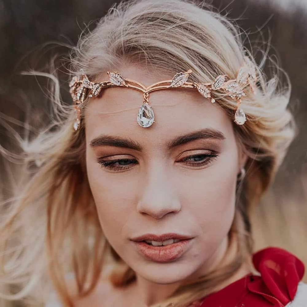 Obelunrp Feen-Diadem Stirnband - Kristallblatt Hochzeit Kopfschmuck Gold & Silber