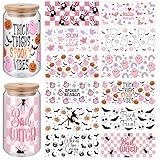 ReliThick 12 Sheets of Halloween Pink UV Dtf Cup Wrap Transfer Sticker for Glass Halloween Rub on Transfers for 16 oz Glass Cup Transfers for Furniture Waterproof Decals for Cups DIY Crafts