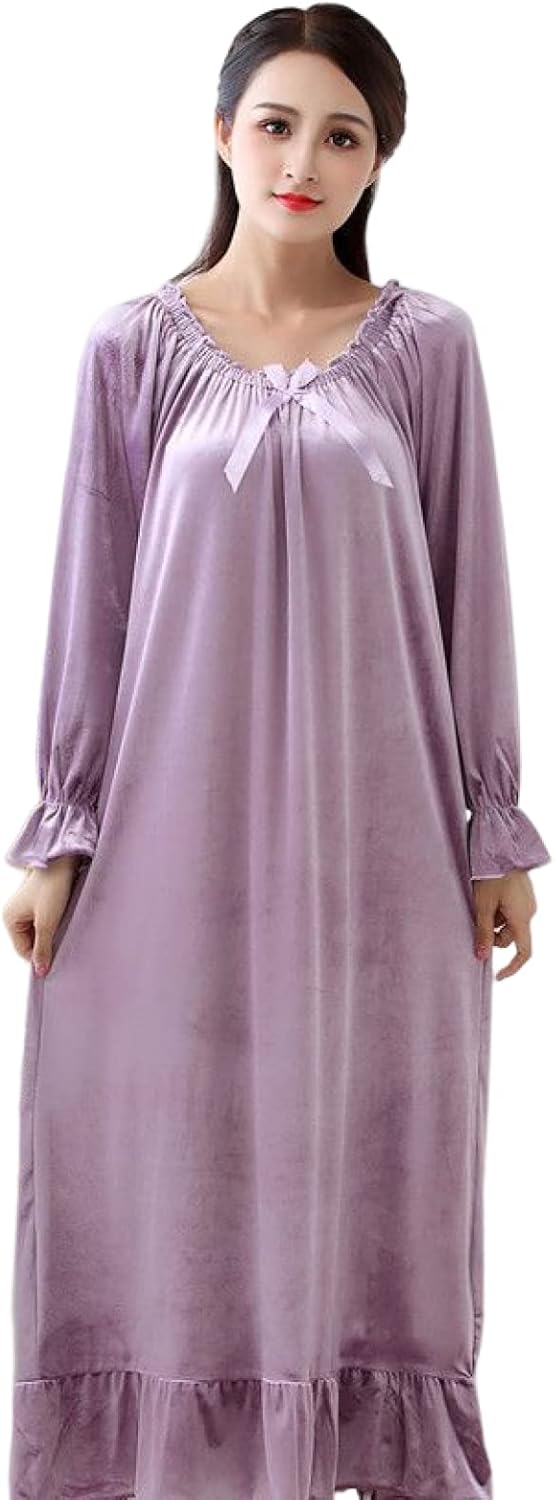 OFFSUM Women's Long Sleeve Nightgown - Spring Autumn Solid Color Round Neck Nightgown Velvet Fleece Elegant Nightdress Cas