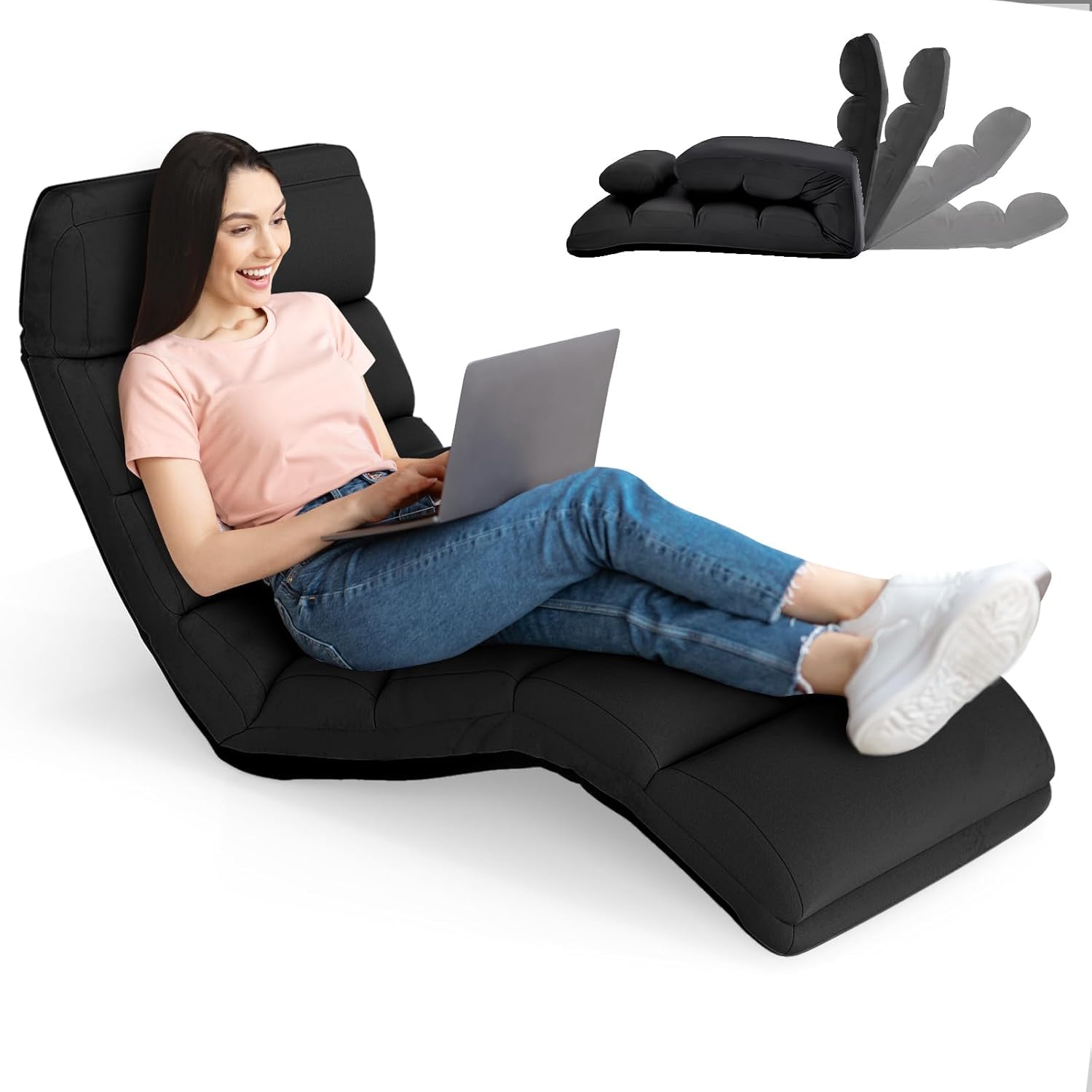 RELAX4LIFE Relaxliege, Bodenliege 5-Fach Einstellbar, Bodenstuhl Faltbar, Relaxsessel mit Kissen, Liegesessel mit Schlaffunktion, bis 120kg belastbar, Klappsessel für Lesen & Schlafen (Schwarz)