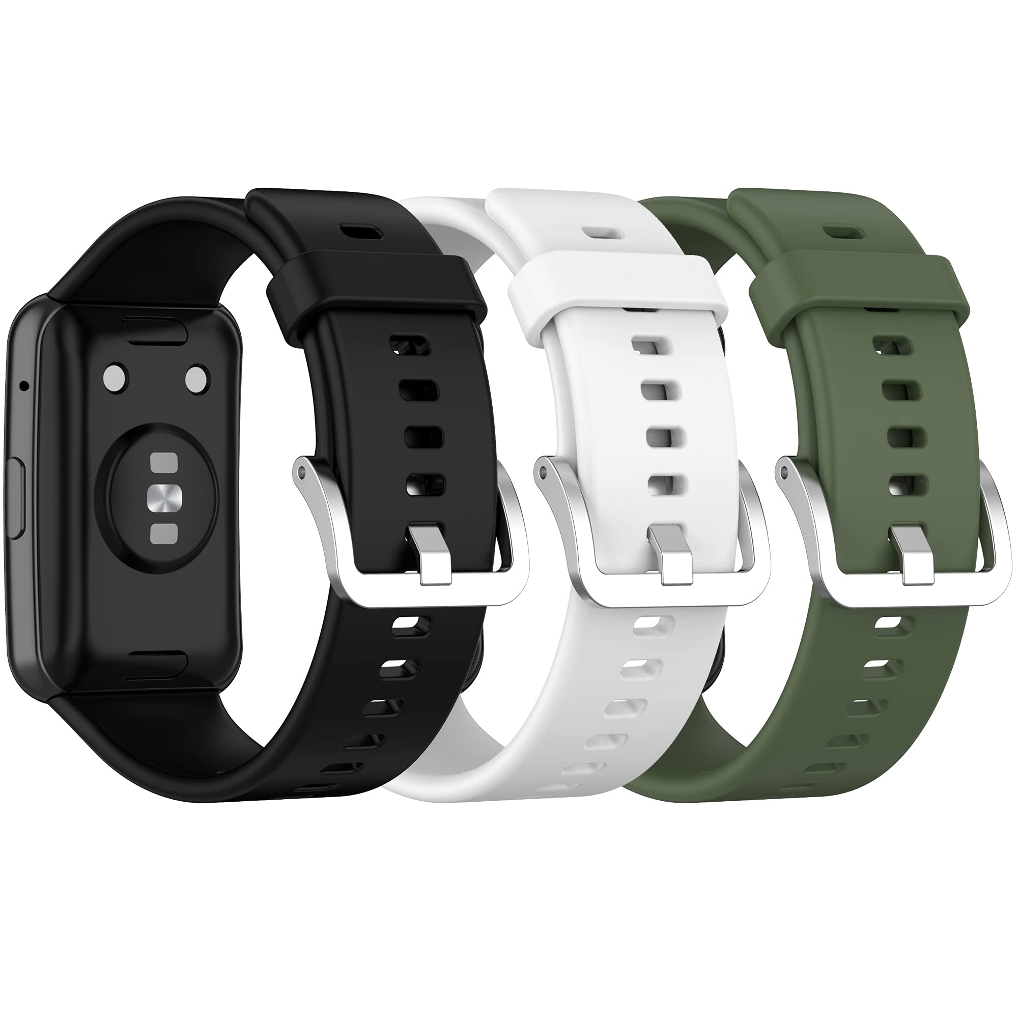 Confezione da 3 cinturini di ricambio compatibili con Huawei Watch Fit Smartwatch, regolabili, in silicone, per uomini e donne (nero, bianco, verde scuro)