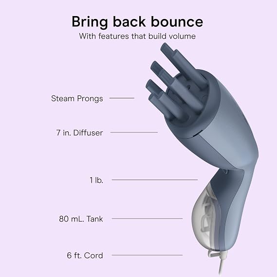 Conair Hair Steamer with Hair Diffuser Attachment, Lightweight & Portable | Travel hair diffuser and steamer refreshes day-old curls with 1-lb design, refillable 80 mL tank, and 6-foot cord