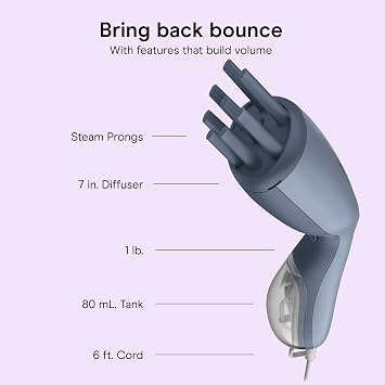 Conair Hair Steamer with Hair Diffuser Attachment, Lightweight & Portable | Travel hair diffuser and steamer refreshes day-old curls with 1-lb design, refillable 80 mL tank, and 6-foot cord