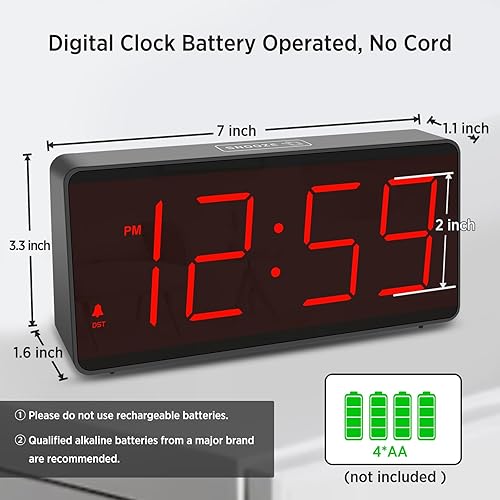 Miniatura 9 de Peakeep Reloj digital, reloj despertador, funciona con pilas, números grandes grandes 4 reguladores para personas mayores, reloj despertador de