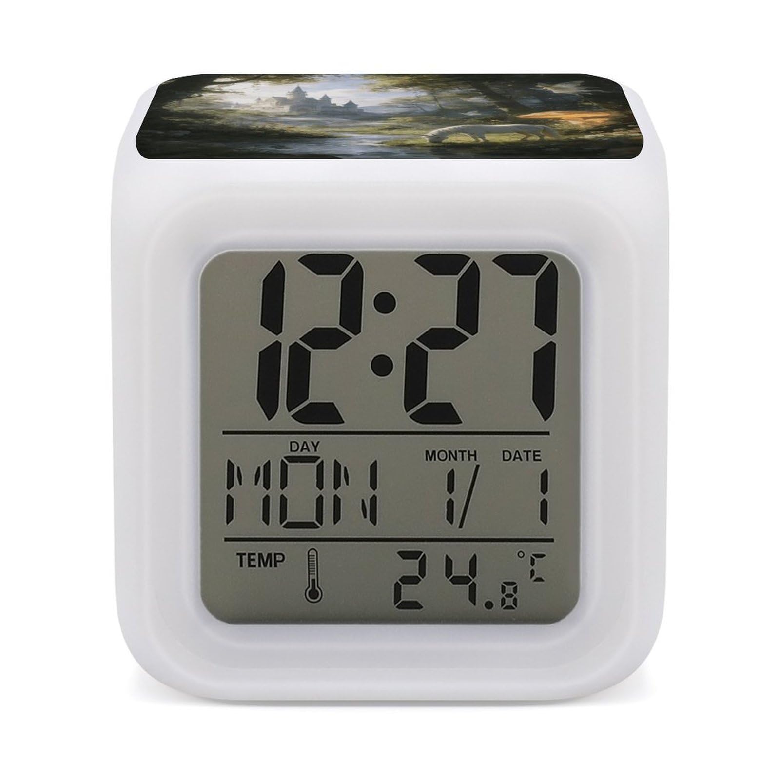 LZQPOEAS Forest Fairy Castle Alarm Clock with 7 Color Changing Nightlight for Bedroom Calendar Temperature Display Wake Up Digital Clock Small Desk Clocks for Heavy Sleepers Adults