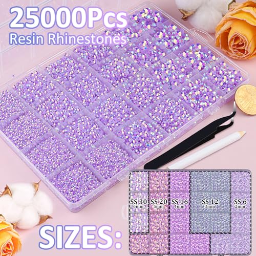 Image of 25000Pcs Resin Rhinestones for Crafting, Lavender Purple AB 2-6mm Mixed Sizes Non Hotfix Flatback Gems with 1Pcs Glue, Bedazzling Crystal for DIY Craft Clothing Mugs Tumblers Shoes Decor Nail Art