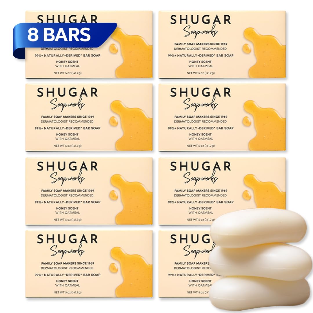 Shugar Soapworks Oatmeal Honey 5 oz Beauty Bar Soap 8-Pack Plant-Based Vegan Formula Sulfate Paraben Free Gentle Exfoliating