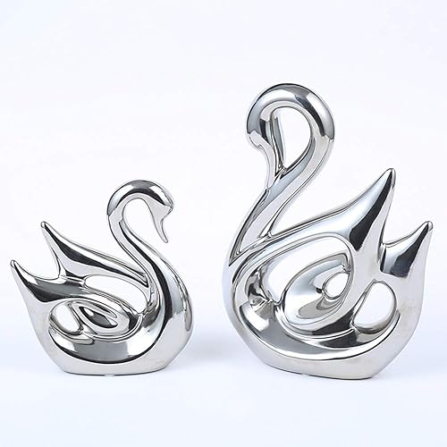 Anding Decoración creativa para el hogar decoración de estatua de animales de cerámica manualidades amante de cisne LY1269-plata escultura regalo de