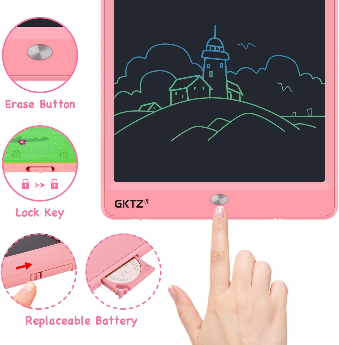 GKTZ LCD Writing Tablet for Kid, Coloful Electronic Drawing Tablet 10 Inch Doodle Board for Boys Toys, Toddler Learning & Education Toys Birthday Gifts for 3 4 5 6 7 8 Years Old Girls Boys - Pink