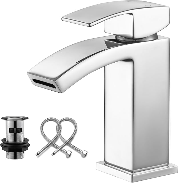 Borlon Waterfall Bathroom Sink Taps Chrome Brass Single Lever Mixer Taps for Bathroom Basin Modern Wash Tap with Pop-up Drain