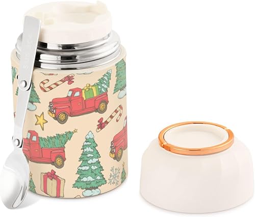 Christmas Truck Star Tree Food Jar with Spoon Stainless Steel Vacuum Insulated Food Container 17 oz Soup Thermos for Adults
