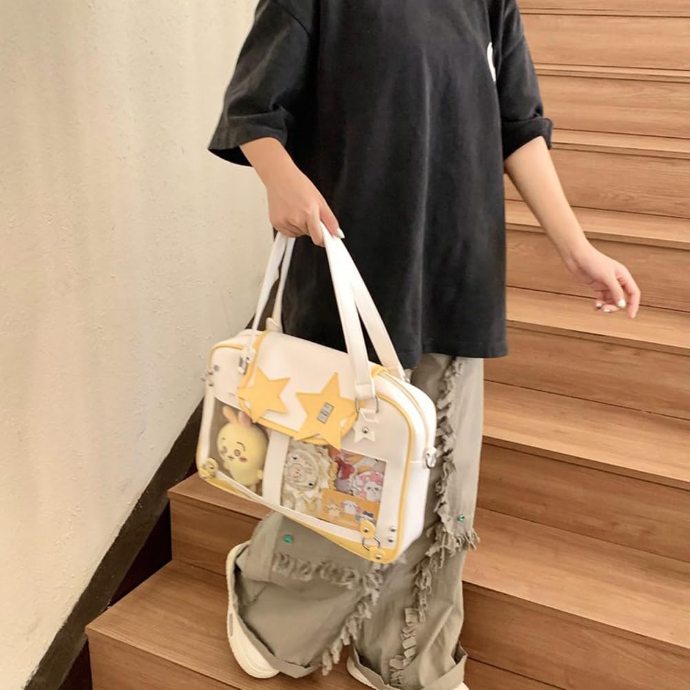 Transparente Damen-Umhängetasche, großes Fassungsvermögen, Handtasche aus PU-Leder, Kawaii-Stern-Design, Itabag für Reisen und Shopping