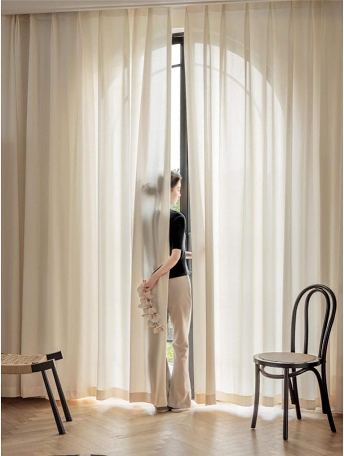 Sheer Curtains for Living Room 2 Panels Set 54 inch Long, Voile Curtain Eyelets Simple Solid Color Vertical Stripes Texture Window Treatment for Bedroom Cream Beige, 40 x 54 Inch