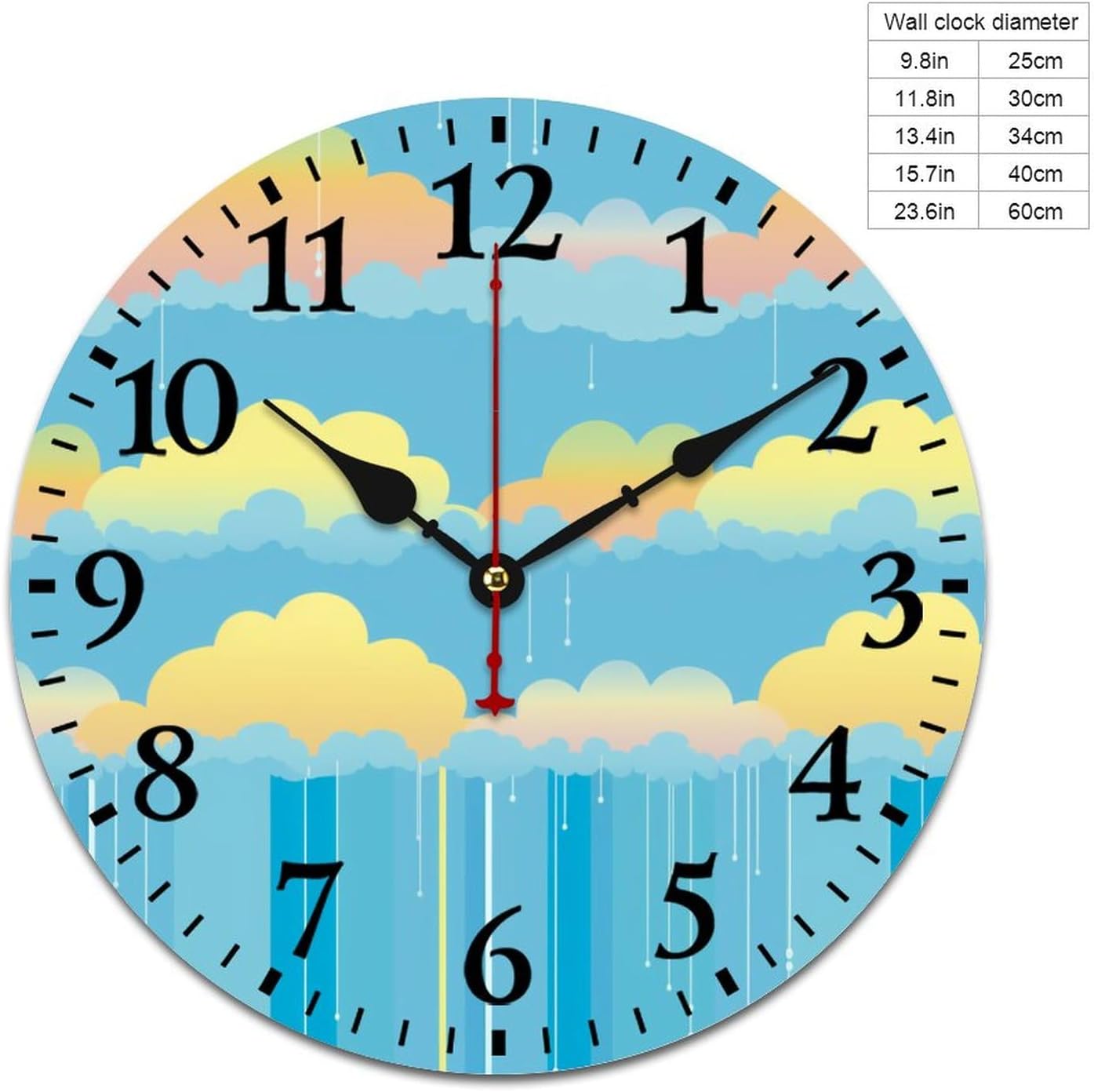 Clock Yellow Rain Sky with Rainbows and Clouds Round Home Decor Clock Battery Operated Silent Non-Ticking Baby Nursery Bedroom Decorations Wall Clocks 12 Inch Living Room Office