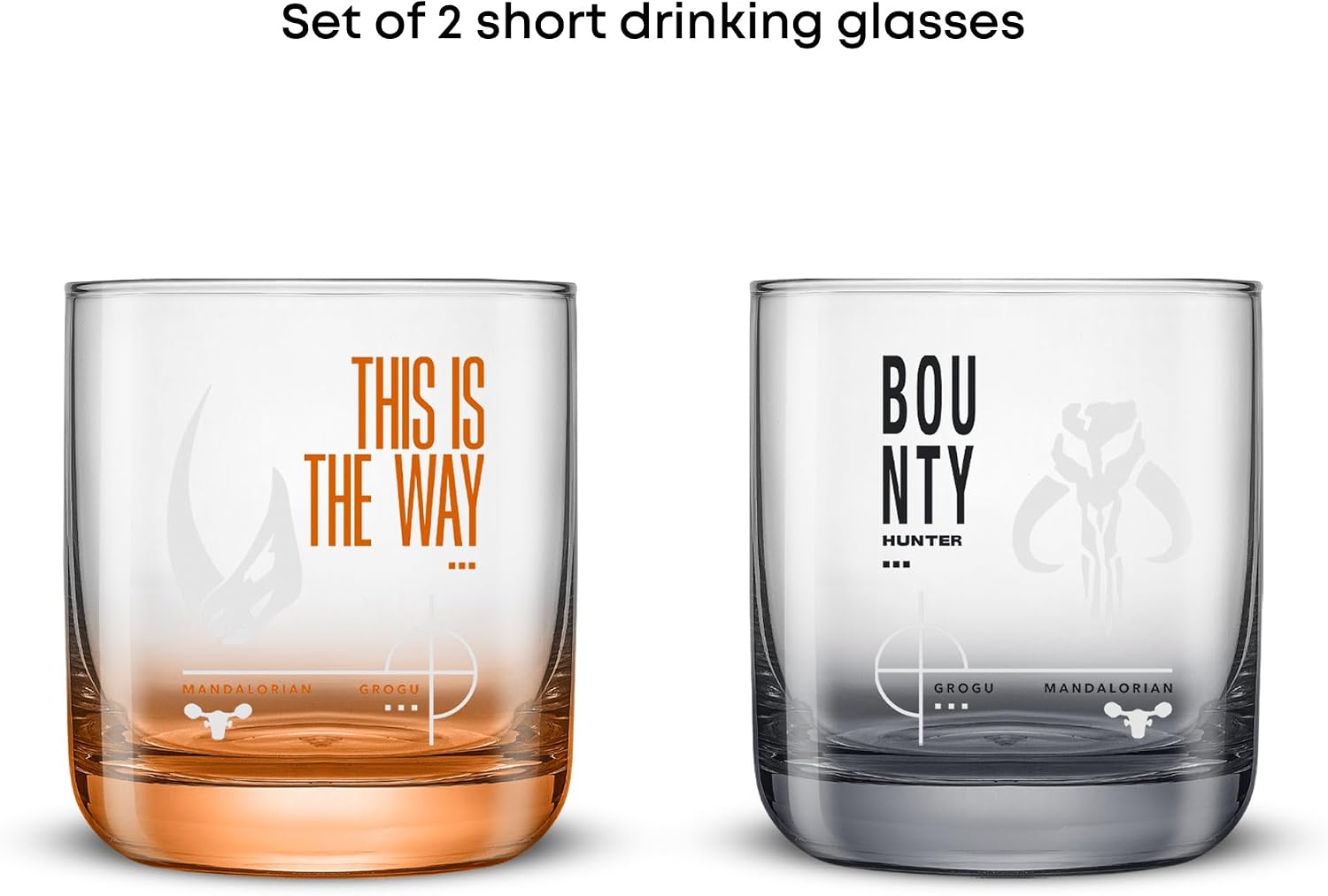 JoyJolt Star Wars Bounty Mandalorian Short Drinking Glasses Set of 2, 10 oz Small Glass Tumblers, Colored Glass Cups Set, Official Star Wars Gifts Collectible