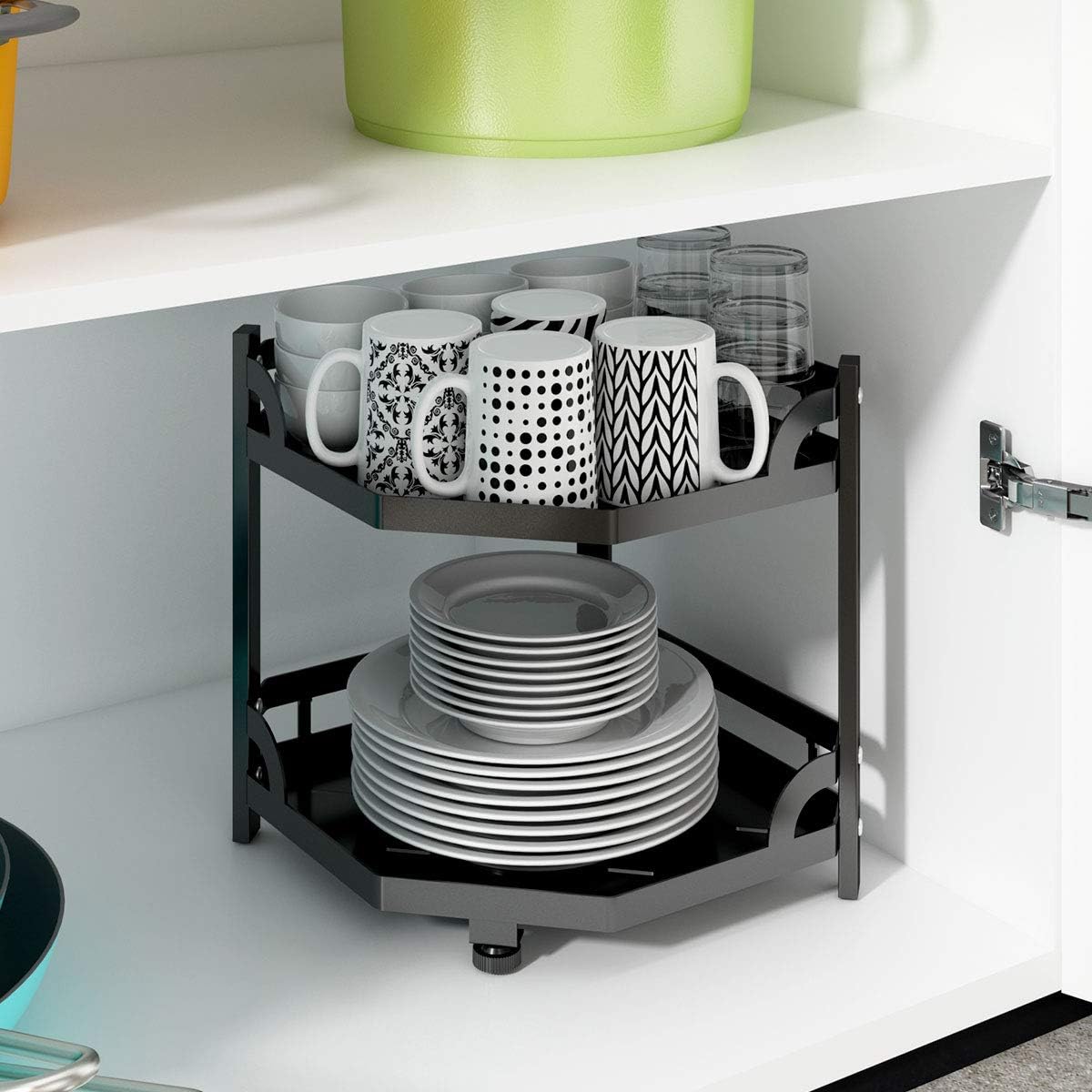 Apsan 2-Tier Kitchen Corner Organizer Shelf, Kitchen Countertop Corner Organizer Shelf for Dishes Plates Pot Spice Can, Plates Organizer, Dishes Organizer Black