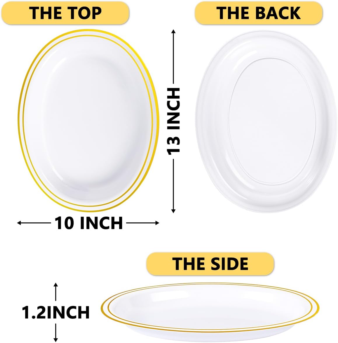 YOUBET 24PCS Oval Plastic Plates - 13 inch Super Strong White and Gold Disposable Platters, Heavy Duty Serving Trays for BBQ, Picnic, Party, Wedding, Easter