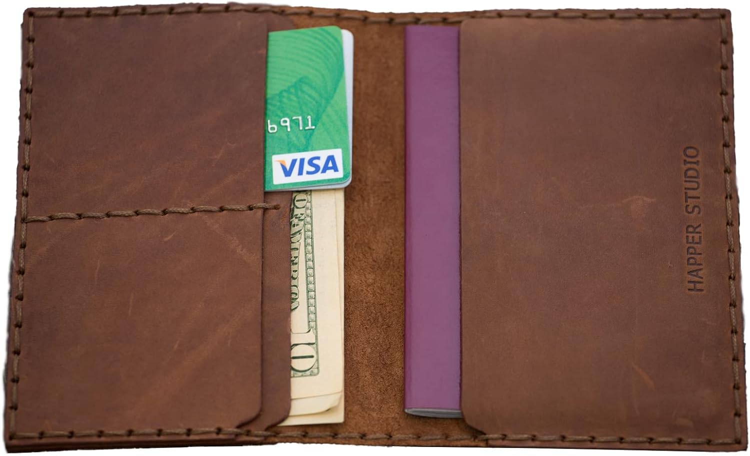 Passport Holder leather wallet, travel documents holder case with pockets for cards and cash (Brown, dark stitching)