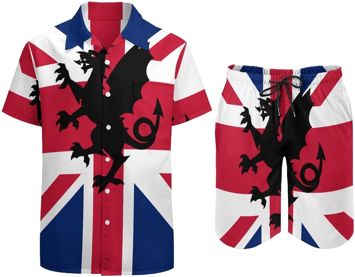British Britain Dragon United Kingdom Men's Summer Beach 2 Piece Outfits | hawaiian button down shirt and shorts,vacation cruise,mens bathing suit