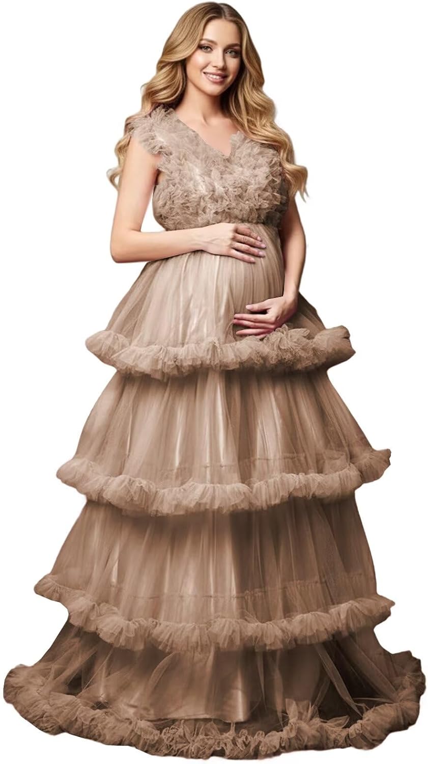 Tiered Ruffles Maternity Dress for Photoshoot Puffy Tulle Pregnancy Gown V Neck Long Postpartum Formal Dresses LR19