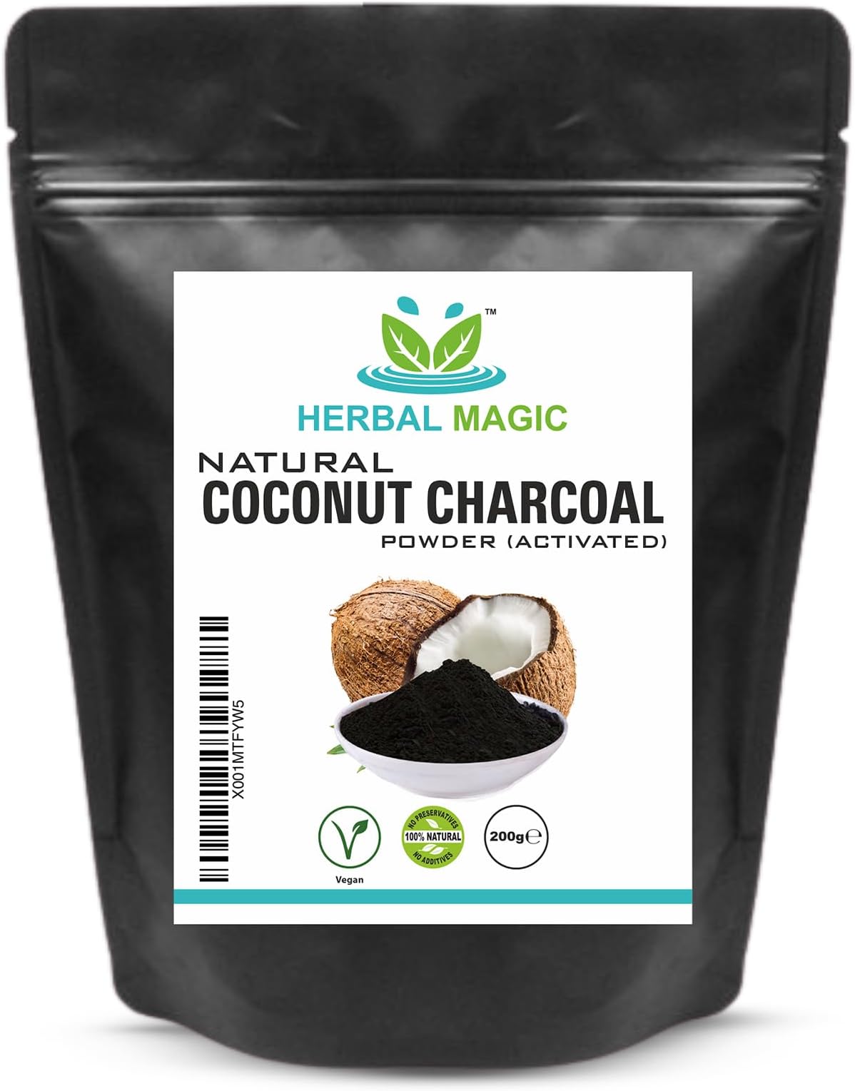 Herbal Magic Activated Coconut Charcoal Powder Food Grade Quality Excellent Detoxifying, Cleansing Properties Naturally Supports Skin, Body Care & Oral Care,UKAS LAB Tested in The UK-200g (Pack of 1)