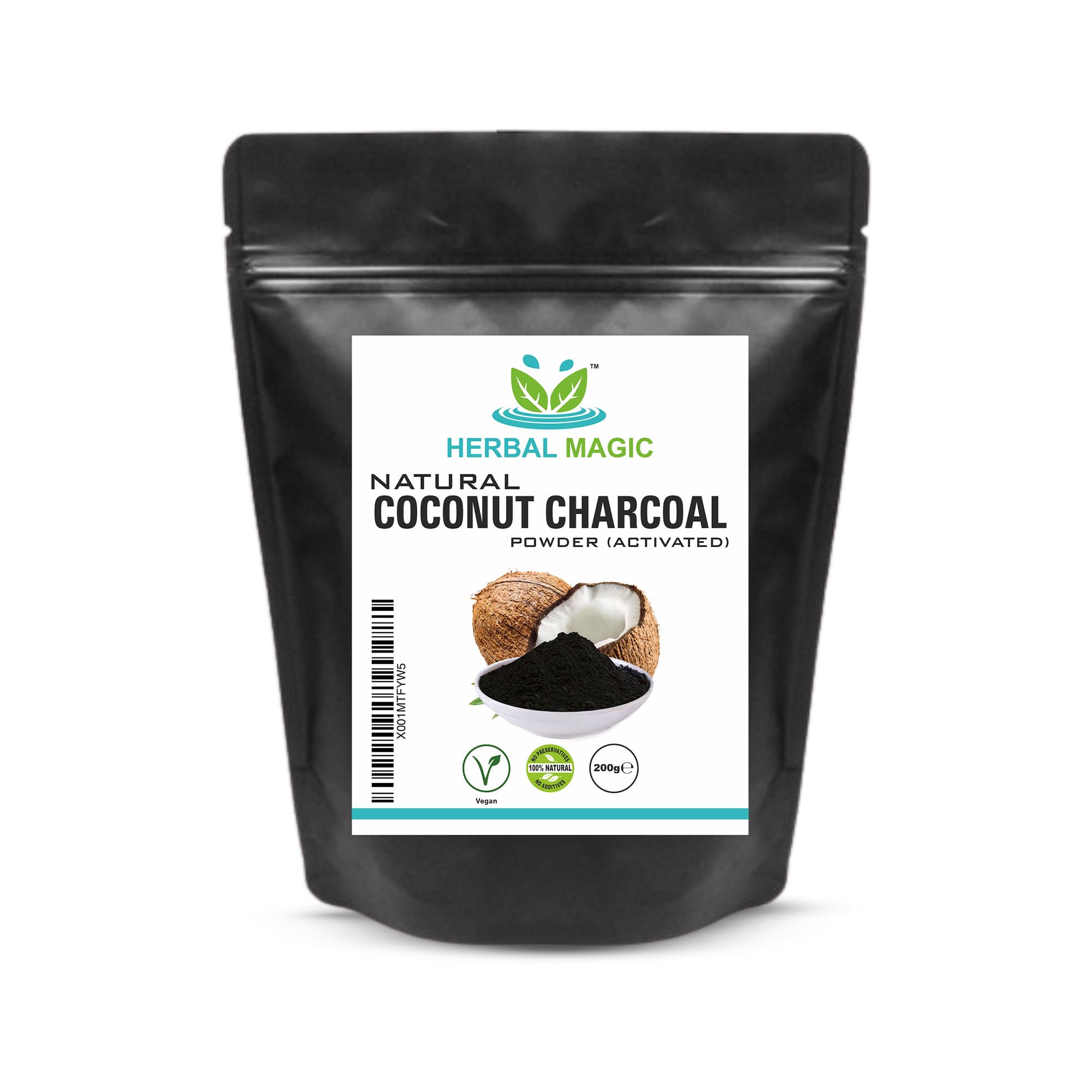 Herbal Magic Activated Coconut Charcoal Powder Food Grade Quality Excellent Detoxifying, Cleansing Properties Naturally Supports Skin, Body Care & Oral Care,UKAS LAB Tested in The UK-200g (Pack of 1)