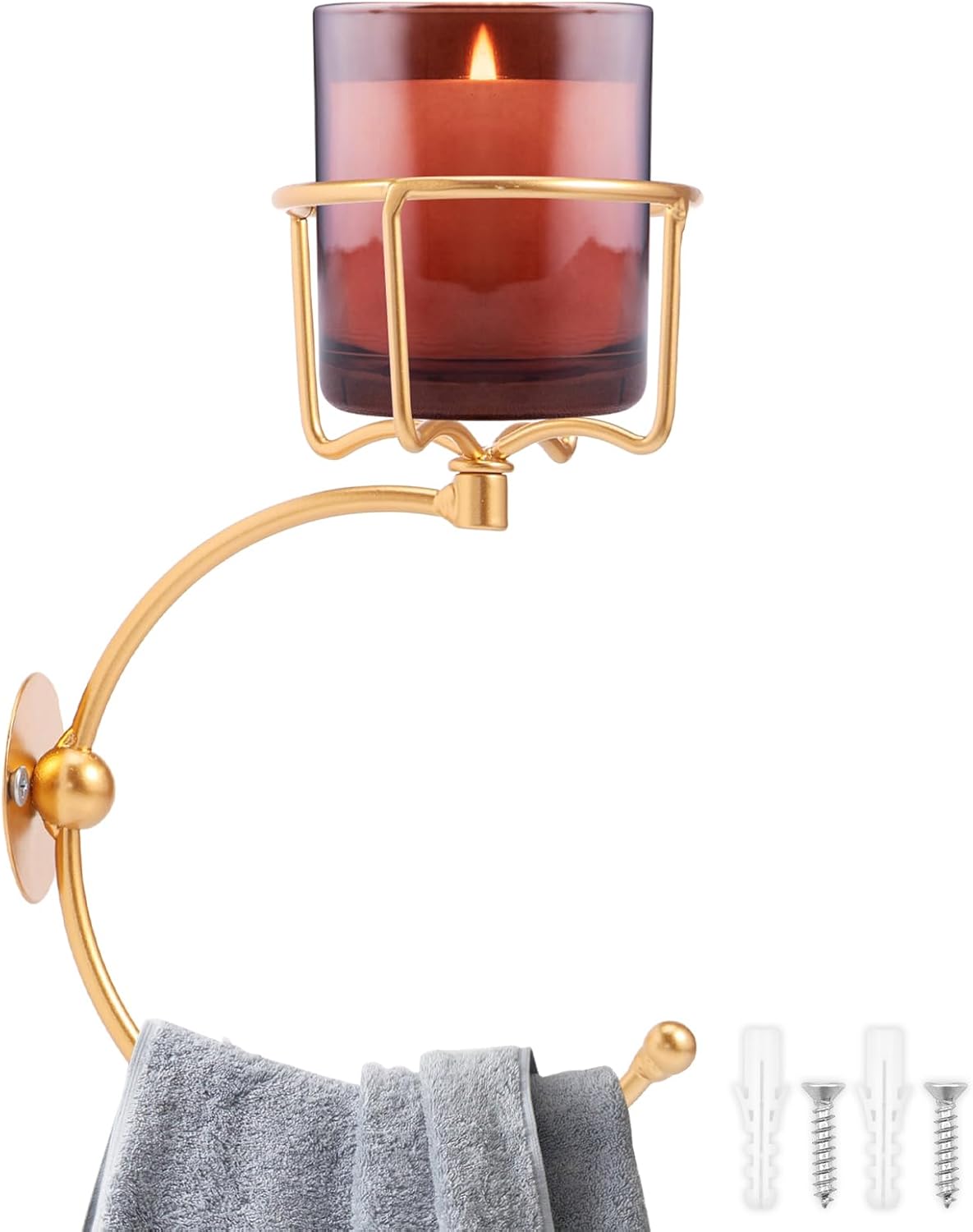 Gold Hand Towel Holder for Bathroom, Wall Iron Towel Ring with Candle Holder Wall Mounted for Kitchen Entryway Living Room