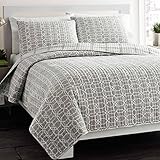 City Scene Puzzle reversible Cotton Quilt Set, Full/Queen, Gray