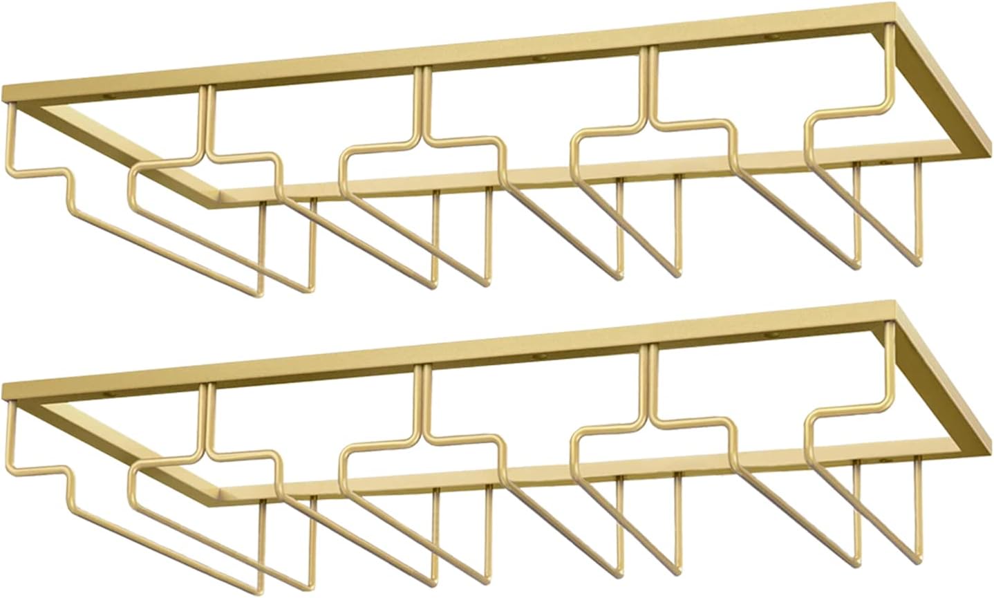 Wine Glass Rack, Under Cabinet Stemware Wine Glass Holder, Wine Glasses Storage Hanger Metal Organizer for Cabinet Kitchen Bar (Gold, 4 Rows 2 Pack)