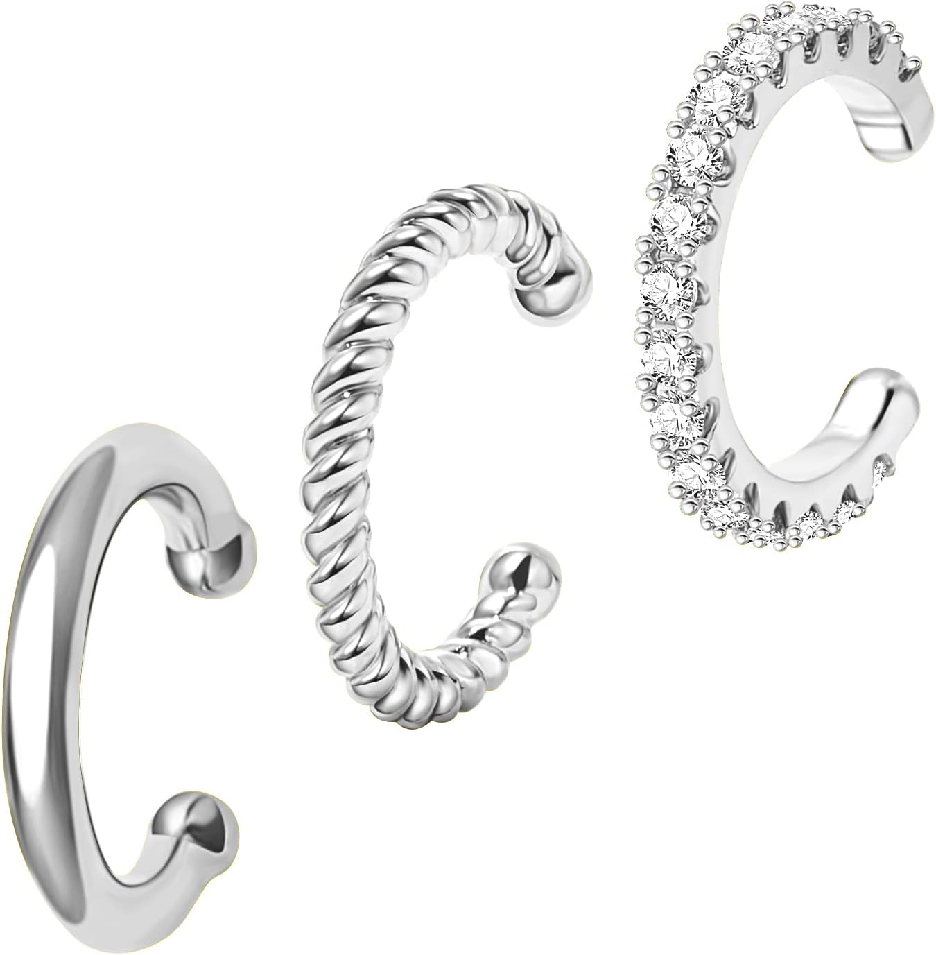 3Pcs 14K Gold Plated Cubic Zirconia Ear Cuffs for Non Pierced Ears Women, Hypoallergenic Sparkling Round Huggie Cartilage Earring Jewelry Gifts