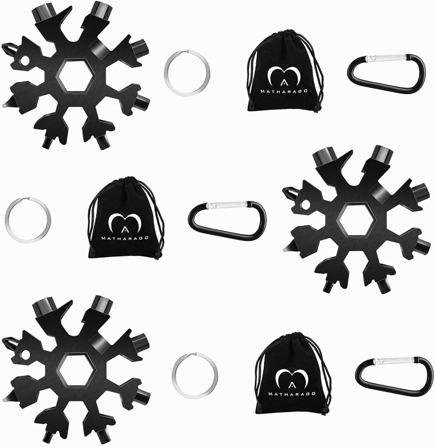 MATHARAGO Snowflake Multitool, 3pcs Snowflake Tool Stainless Steel 18 in 1 Snowflake Multitool with Carabiner Clip, Keyring and Storage Bag for Christmas Gift Men's Present(three black）