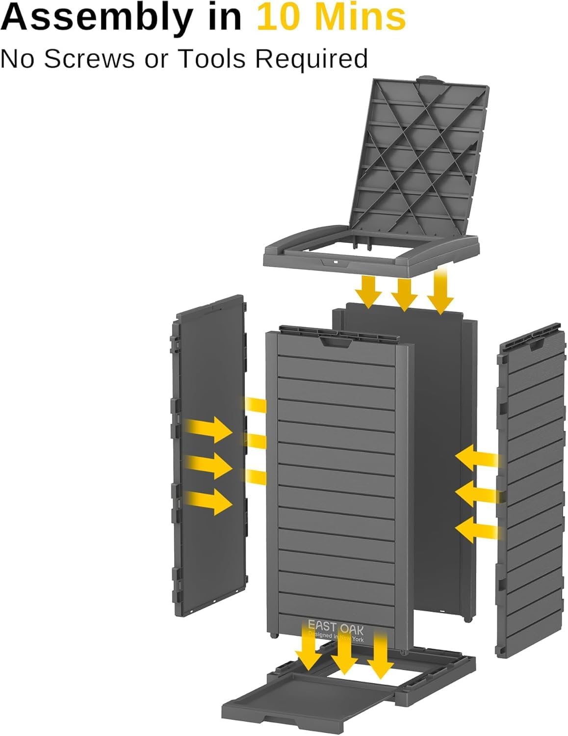 East Oak 38 Gallon Outdoor Trash Can | Waterproof Resin Garbage Can Featuring Tiered Lid & Drip Tray | Outside Trash Bin for Kitchen, Patio | Backyard & Deck | Gray Color