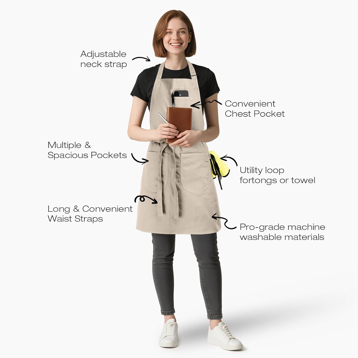 Unisex Apron with Pockets for Cooking, Salon & Art - 100% Cotton Adult Kitchen, Chef, Stylist Apron (Beige) - Image 3