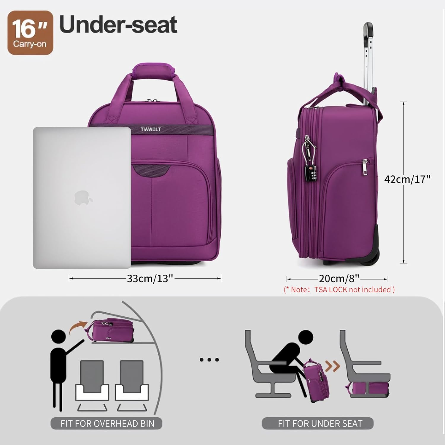 underseat carry on luggage with wheels,16-inch airline approved personal item stylish softside underseater suitcases with wet/dry pockets,overnight rolling carry-on bag for short trip, purple underseat 16-inch purple